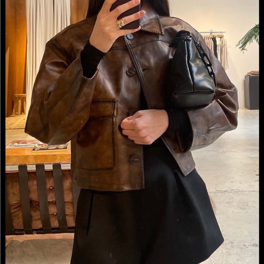 Moon River Cropped Brown Faux Leather Jacket